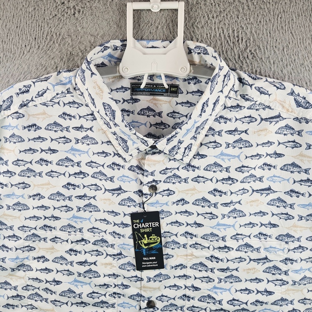 NEW Roundtree & Yorke Performance Shirt Men 3XT Short Sleeve Fishes Print White - Picture 2 of 10